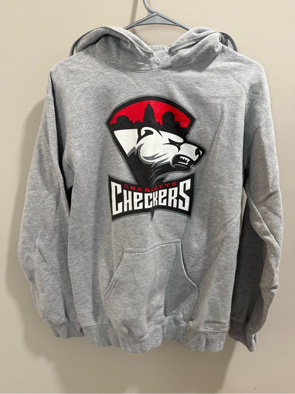 Gildan Grey Hoodie with Red, Black and White Mascot Graphic